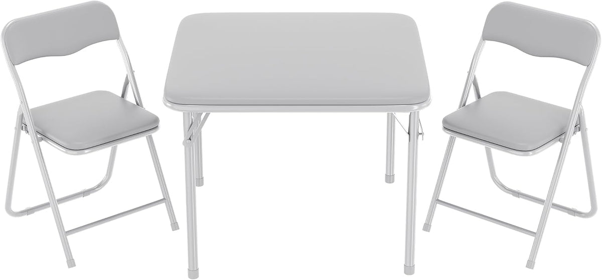 IDEALHOUSE Boys and Girls Folding Table and Chairs Set of 3, Portable Table and Chair with Pu Soft Cushion,Suitable for Eating,Reading and Playing (Grey)