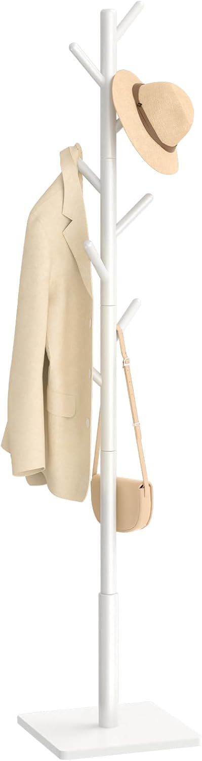 Yawinhe Coat Rack, Sturdy Woode Stand Tree with 8 Hooks,White