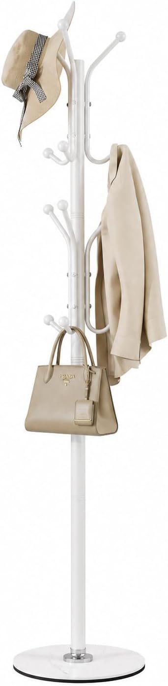 Coat Rack with 12 Hooks, Freestanding Coat Tree with Sintered Stone Base, Sturdy Metal Coat Stand for Hats, Purses & Jackets, Ideal for Entryway, Bedroom, Office & Closet, 11.4" x 11.4" x 68.1", White