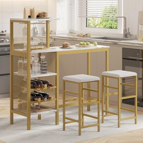 VECELO Bar Table and Chairs Set for 2, Tall Kitchen Counter Dining with Storage Shelves, Cup Holder & Wine Rack, PU Leather Cushion Stools - Small Space Solution, Gold