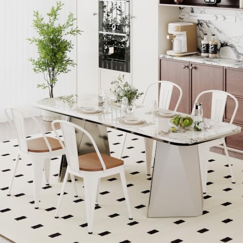 18 Inch Metal Dining Chairs Set of 4 Farmhouse Kitchen Chairs with Wooden Seat and Metal Backrest Stackable White Dining Room Seating