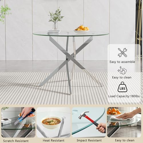 HomVent 36''Silver Round Glass Dining Table Set for 4 for Family Gathering
