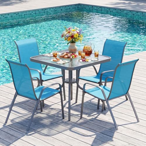 TLSUNNY 5 Pieces Patio Dining Set for 4, Glass Table and Textilene Chair