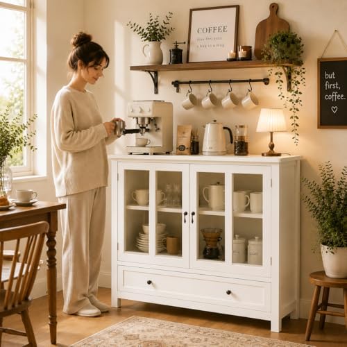 RASOO White Modern Buffet Cabinet with Double Glass Doors