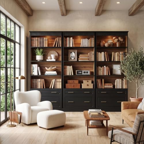 LITTLE TREE 72" Tall Black Bookcase with 2 Drawers, 5-Tier Bookshelf with File Cabinet Storage, Modern Freestanding Office Storage Bookcase for Living Room, Bedroom, Home Office