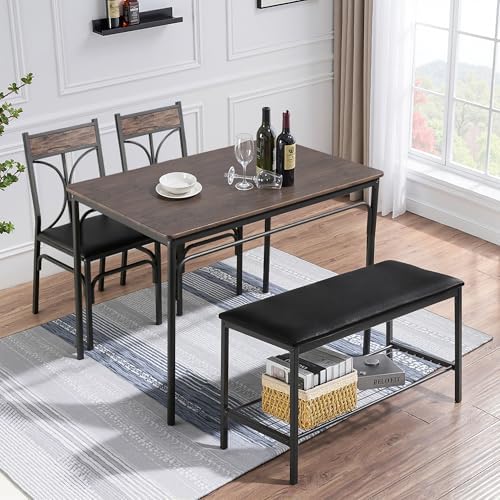 VECELO Kitchen Dining Table Set with Upholstered Bench & 2 Chairs | Space-Saving Compact Design | Perfect for Small Apartments, Breakfast Nooks, Rustic Brown