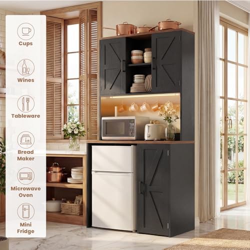 Unikito Mini Fridge Cabinet with Storage, Power Outlet & LED Light, Black