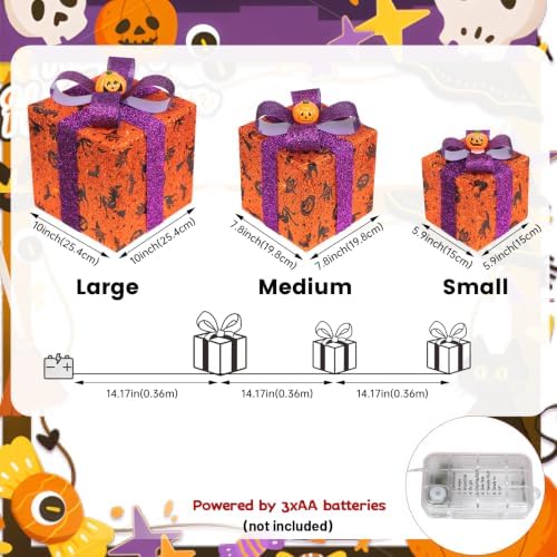3 Pieces Lighted Boxes Halloween Decorations, Lighted Gift Boxes with Bat,Spider Web,Broom & Pumpkin Print, Foldable Light up Boxes with Pumpkin Bow for Yard, Patio, Haunted House Décor