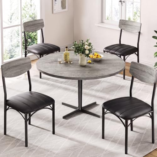 Jocoevol Dining Chairs Set of 4 - Upholstered Dining Room Chairs with PU Leather, Industrial Kitchen Chairs with Wooden Backrest and Thickened Metal Legs, for Dining Room, Living Room（Gray）