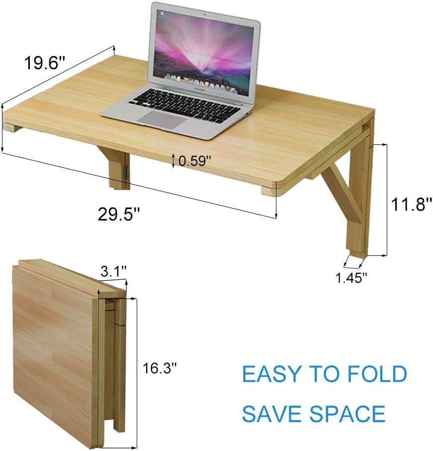 MM MELISEN Wood Folding Desk - Natural 29.5x19.6 Inch Wall Mount Fold-Down Ta...