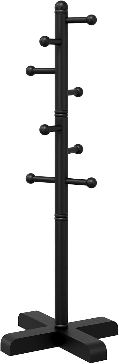 8-Hook Freestanding Wooden Coat Rack 2 Adjustable Heights BLACK