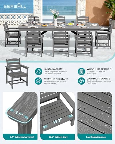SERWALL 9Pcs 84" HDPE Outdoor Dining Set for 8 with Armchairs,Gray