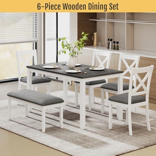 Zevemomo 6-Piece Solid Wood Dining Table Set, Wooden Legs, White