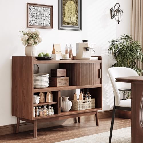 ONBRILL 44" Sideboard Buffet Cabinet with Outlet & Sliding Door, Wlanut