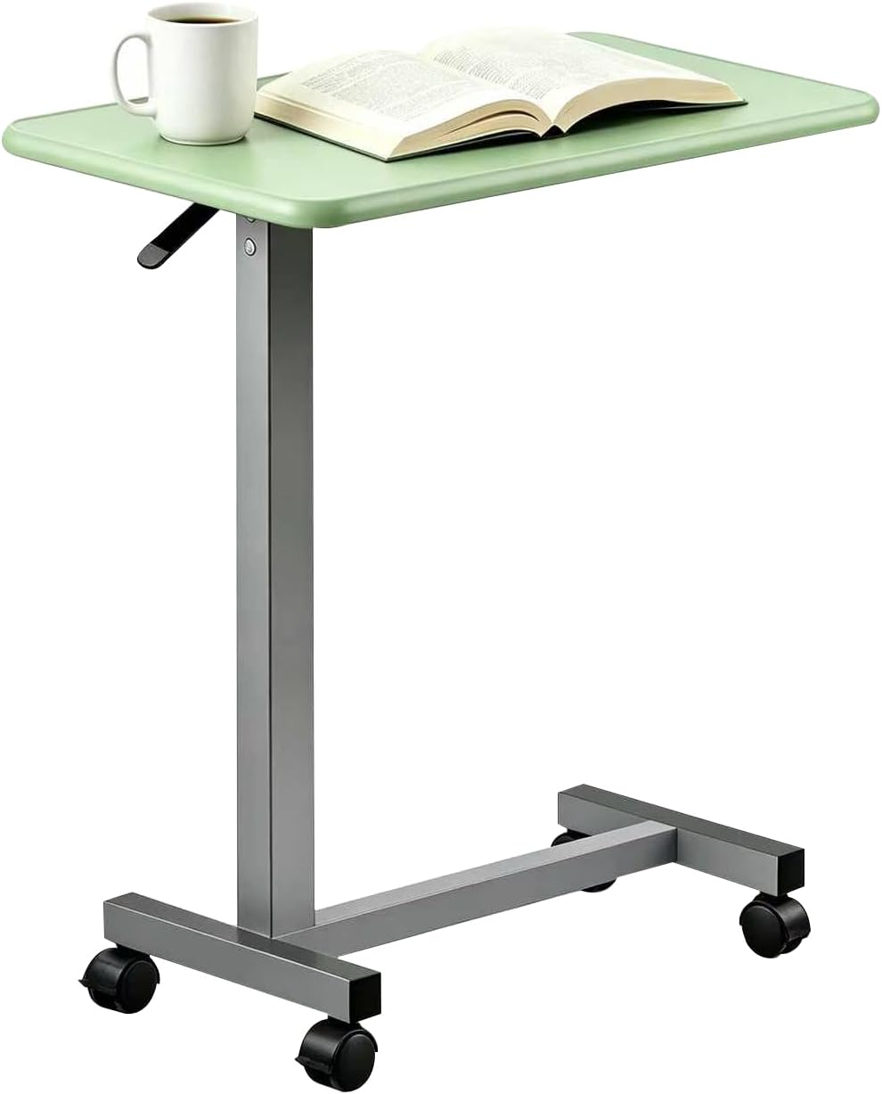 Adjustable Overbed Table with Wheels, Light Green