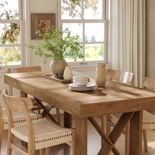 Little Tree 63-Inch Dining Table for 4-6 People, Farmhouse Thick Appearance Design, Rectangle Kitchen Dinner Table for Home, Rustic Yellowish Brown