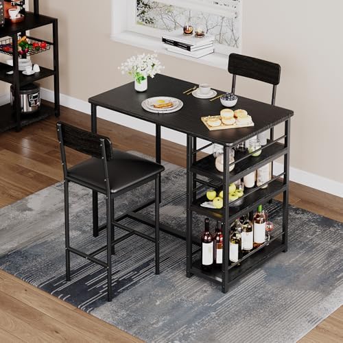 Dining Table Set for 2 with 3 Storage Shelves, 3-Piece Counter Height Kitchen Table Set with 2 Upholstered Bar Stools, Bar Table and Chairs Set for Small Space, Black