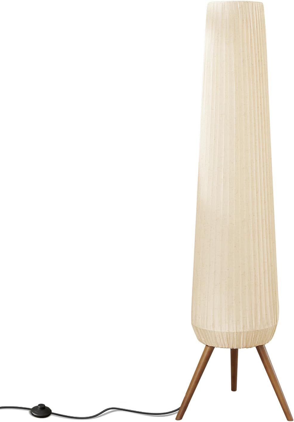 61'' Oatmeal Fabric Pleated Floor Lamp, Walnut Wood Tripod Base