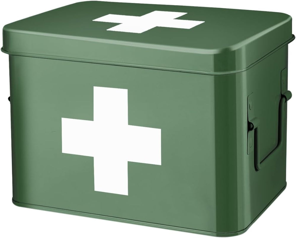 Flexzion Large Metal First Aid Box Empty, 8.5-Inch, Green with White Cross