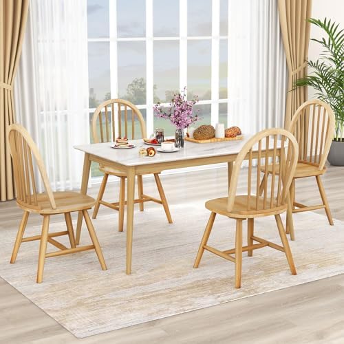 18" Oak Dining Chairs Set of 4, Wood Windsor Chair with Spindle Back for Country Farmhouse Kitchen Island