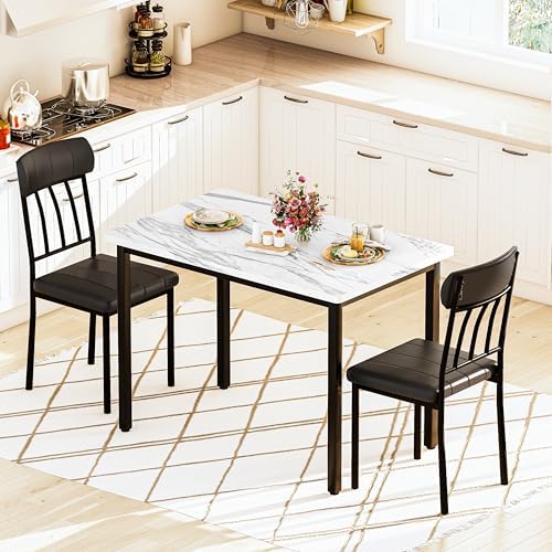 AWQM 3 Piece Dining Table Set for 2, Small Industrial Kitchen Table and 2 Chairs, Breakfast Dining Table Set, Kitchen Table Set for Dining Room, Living Room, Apartment, Small Space, White Black