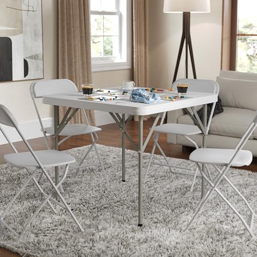 Flash Furniture Elon Square Plastic Folding Table, Portable Dining Card Table for 4 People, Indoor-Outdoor Use, 34.25", Granite White