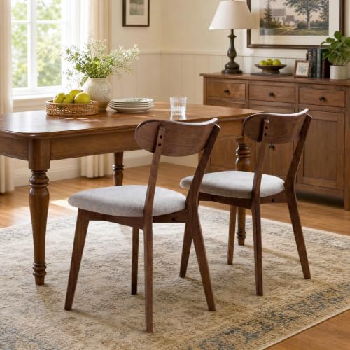 100% Solid Oak Dining Chairs, Mid Century Modern Dining Chair with Curved Backrest, Fabric Upholstered Dining Chairs for Kitchen, Study, Living Room (2, Walnut Wood-Gray Cushion)
