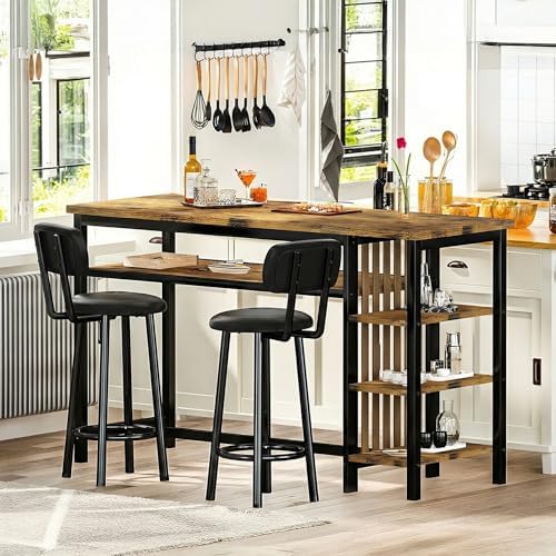 DKLGG 3-Piece Bar Table and Chairs Set, Counter Height Dining Table Set with Storage & 2 Upholstered Stools, Hightop Kitchen Bar Table for Small Space, Pub & Bistro