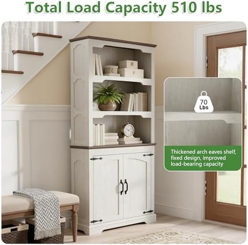 70'' Farmhouse White Bookcase Bookshelf, 5-Tier Bookcase with Doors Storage