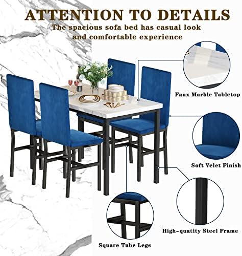 Hooseng Dining Table Set for 4- Space Saving Kitchen Table and Chairs for 4, Modern Style Faux Marble Tabletop & 4 Blue Velvet Chairs for Dining Room, Kitchen, Breakfast Corner Small Spaces, Blue