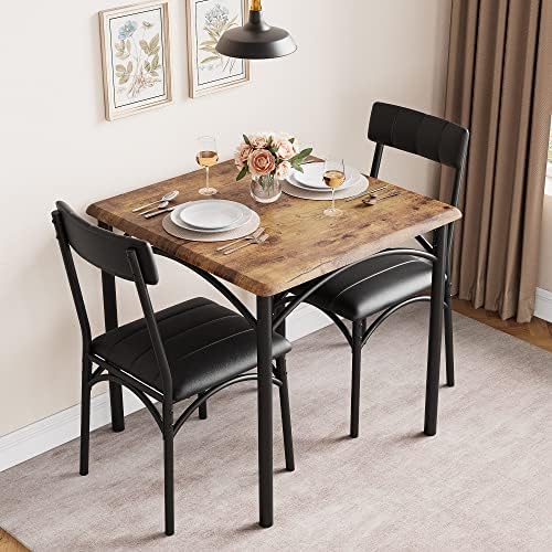 3-Piece Dining Table Set for 2, Kitchen Table Set with 2 Upholstered Chairs, Square Dining Table Set for Apartment, Studio, Small Space, Brown