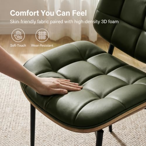 GrandNoor Mid Century Modern Dining Chairs with Walnut Grain Back, Green Faux Leather Dining Room Chairs Set of 2, Checkered Soft Cushion Kitchen Chairs with Adjustable Foot Pads