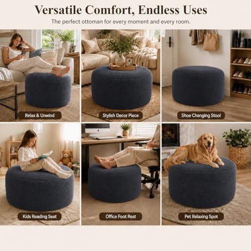 Round Stuffed Pouf Ottoman, Foot Stool Ottoman,Corduroy Poufs with Foam Chunk Filling, Furry and Fluffy Storage Ottomans, 26 X 18 Floor Poufs Foot Rest for Living Room,Gray