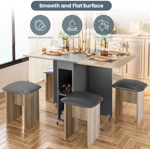 furlinkhm Folding Dining Table Set for 4, Dinner Table with 4 Leather Chairs and Shelves, Space Saving Foldable Dining Table with 6 Wheels, Kitchen Table for Small Spaces (Grey)