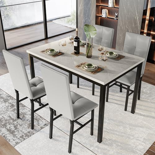 Hooseng Dining Table Set for 4, Faux Marble Small Kitchen Table with 4 PU Leather Chairs, Modern 5 Piece Dinner Table Set for Dining Room, Breakfast Nook, Samll Space, Grey