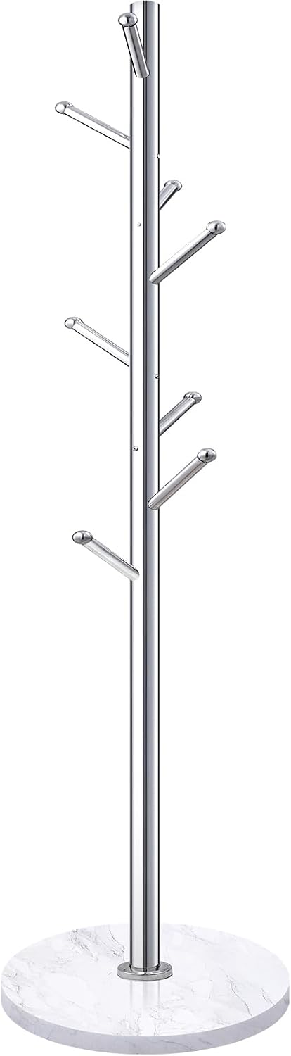 Homde Metal Coat Rack Stand: Natural Marble Base with 8 Hooks (Silver)