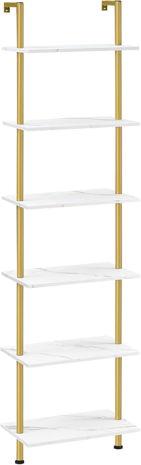 HOOBRO DIY Ladder Shelf, 6-Tier Wooden Wall Mounted Bookshelf, Narrow Gold Bo...