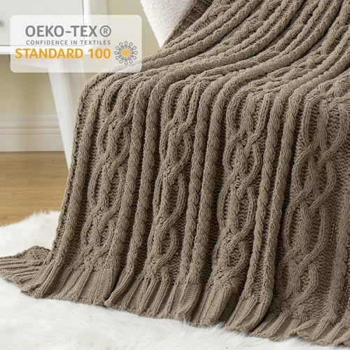 Battilo Tan Throw Blanket for Couch, 51"x67" Textured Cable Knit Bl...