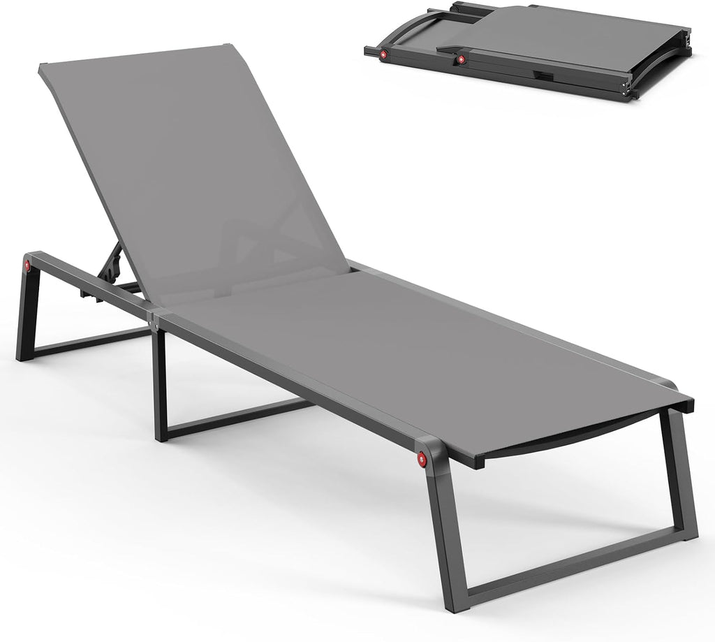 Aluminum Chaise Lounge Chair Outdoor, Foldable& No Assembly Patio Pool Lounge Chairs 5-Position Recliner for Outside, Fully Grounded Legs Sun Lounger for Poolside, Dark Grey