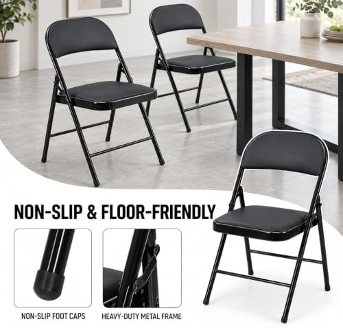 Black Folding Chairs with Cushion 6 Pack, Folding Chairs with Back Padded and...
