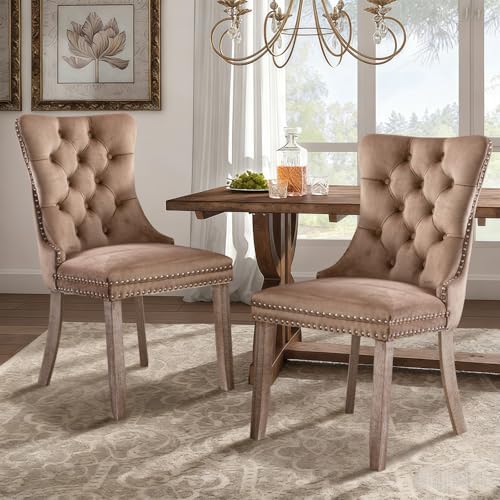 SoarFlash Velvet Dining Chairs Set of 6, Tall Back Side Chair, Modern Upholstered High-end Tufted Side Chair with Button Back Ring, Solid Wood Legs (Khaki)