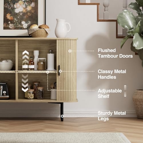 Fluted Sideboard Buffet Cabinet, Sliding Door/Adjustable Shelf, Natural