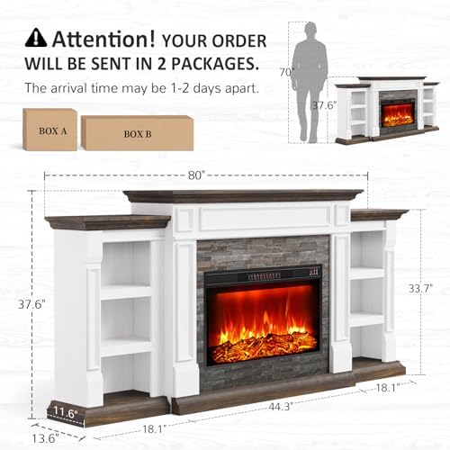 Naice 80" Electric Fireplace with Mantel Fireplace TV Stand for Living Room | Entertainment Center with 30in Realistic Flame Fireplace Heater and Reallike Stacked Stone Surround, White&Brown