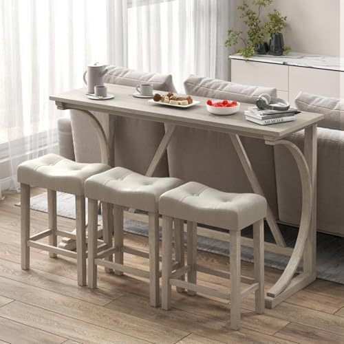 COSTWAY 4-Piece Farmhouse Bar Table Set with Power Outlet