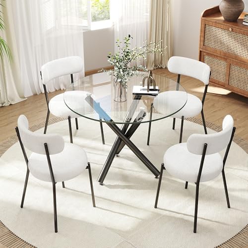 Black Round Glass Dining Table Set for 4, 36'' Small Modern Kitchen Table Set with 4 White Boucle Upholstered Dining Chairs, 5 Piece Minimalism Dining Room Set, Easy Assemble