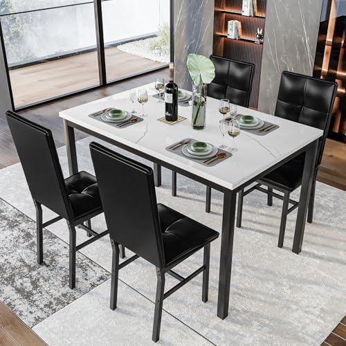 Hooseng Dining Table Set for 4, Faux Marble Small Kitchen Table with 4 PU Leather Chairs, Modern 5 Piece Dinner Table Set for Dining Room, Breakfast Nook, Samll Space, White & Black