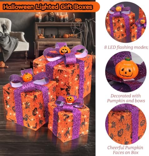 3 Pieces Lighted Boxes Halloween Decorations, Lighted Gift Boxes with Bat,Spider Web,Broom & Pumpkin Print, Foldable Light up Boxes with Pumpkin Bow for Yard, Patio, Haunted House Décor