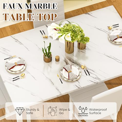 Hooseng Dining Table Set for 4, 5-Piece Faux Marble Dinner Table Set with 4 Upholstered PU Leather Chairs Kitchen Table Chairs Set Modern Space-Saving Dinette Set for Breakfast Nook Apartment White