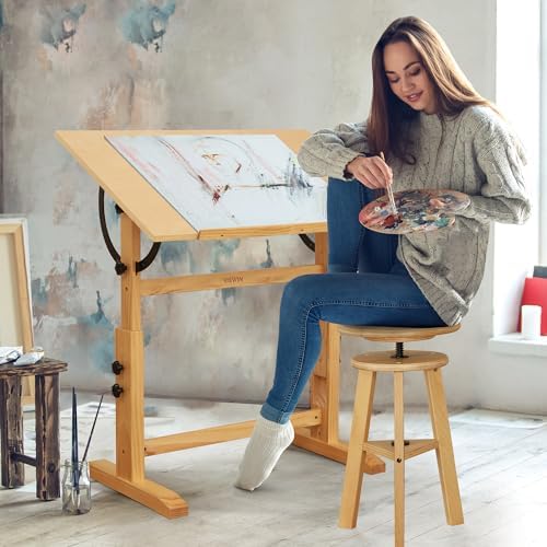 VISWIN Wood Drafting Table for Adults, 24'' x 35" Drawing Table with Adjustable Height & Angle for Art Studio, Solid Pine Wood Artist Desk for Drawing, Drafting, Writing, Reading, Sketching