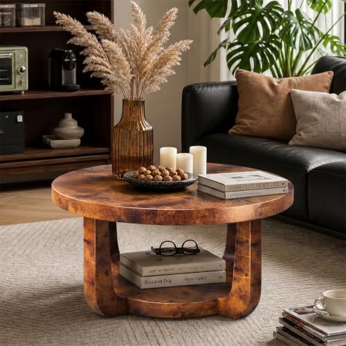 Round Coffee Table, 2-Tier Circle Coffee Table with Storage (Brown)